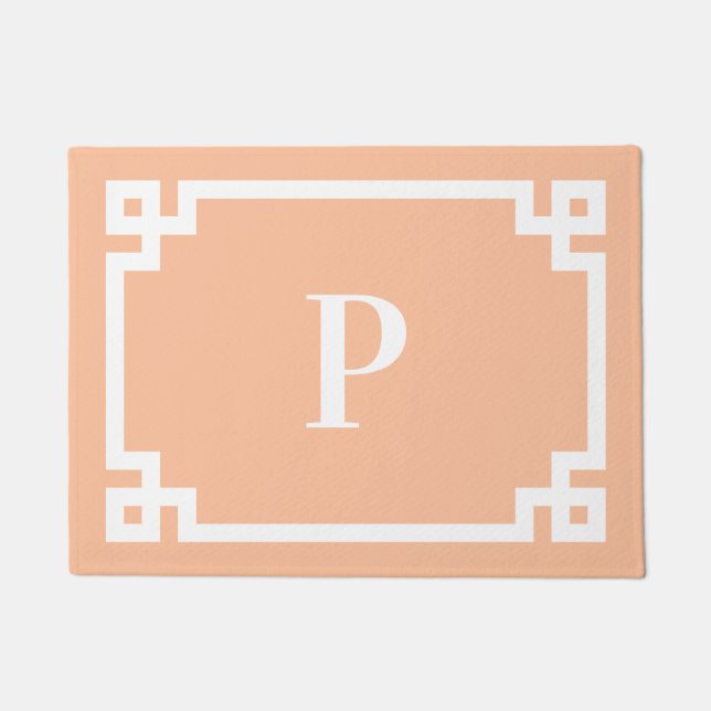 Peach and White Greek Key Border Monogram Doormat (Front)