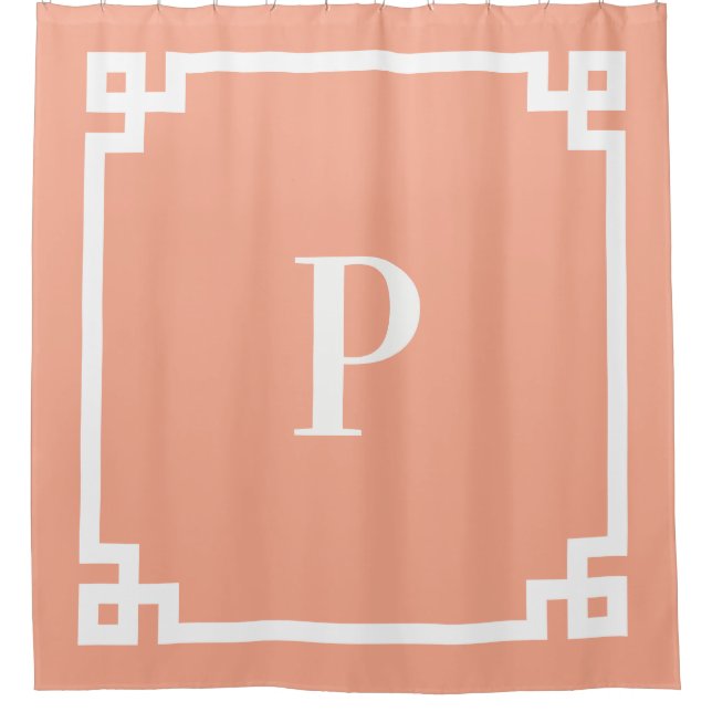 Peach and White Greek Key Simple Monogram Shower Curtain (Front)