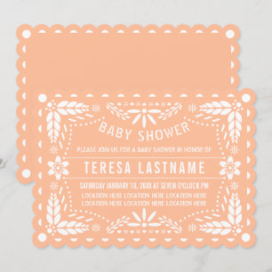 Peach and white papel picado baby girl shower invitation