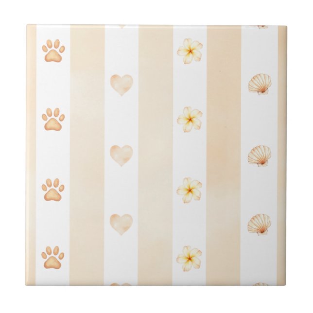 Peach and White Stripe - Hearts, Flower, Paw Print Tile (Front)