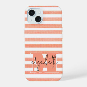 Peach and White Stripe Monogrammed iPhone 15 Case