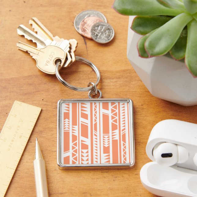 Peach and white tribal print pattern key ring (Desk)