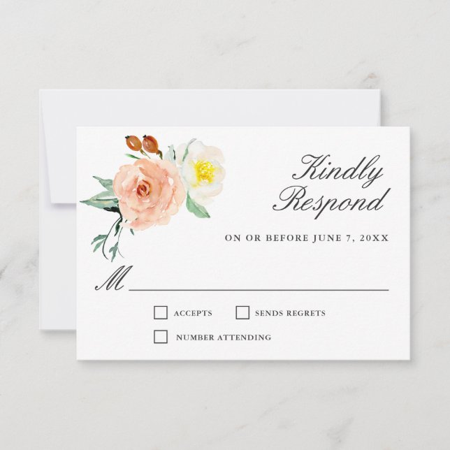 Peach and White Watercolor Floral Wedding RSVP Card (Front)