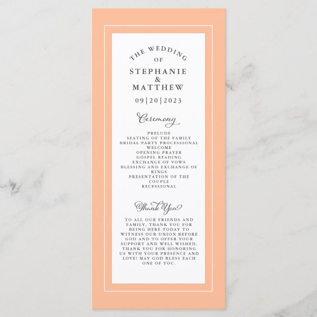 Peach and White Wedding Service Ceremony Elegant Programme (Front)