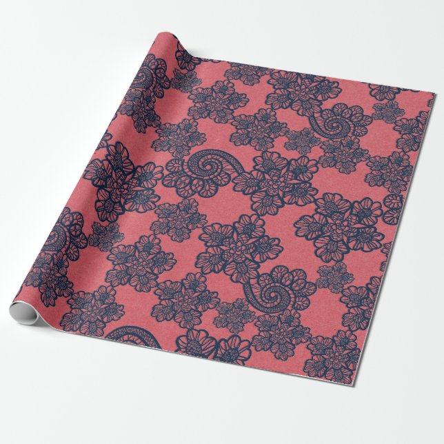 PEACH APRICOT NAVY LACE PATTERN WRAPPING PAPER (Unrolled)