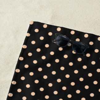 Peach Apricot Polka Dots on a Black Background Beach Towel