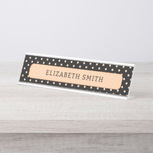 Peach Apricot Polka Dots on a Black Background Desk Name Plate