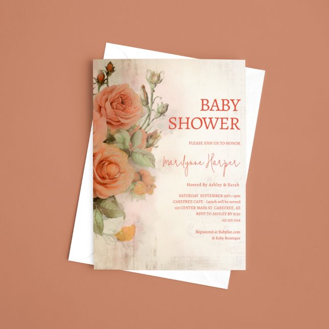 Peach Apricot Vintage Roses Baby Shower Invitation (Creator Uploaded)