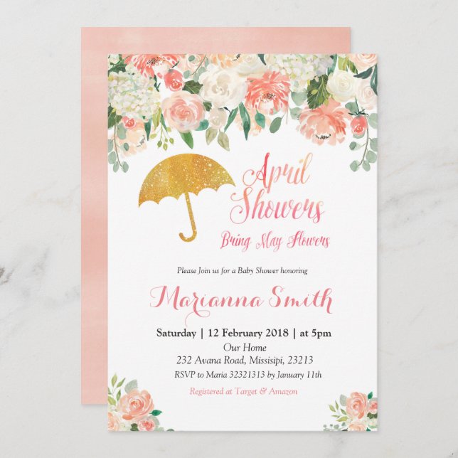 Peach April Shower Bring May Flowers Invitation (Front/Back)