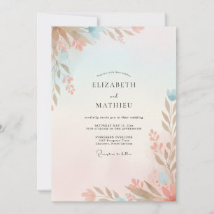 Peach Aqua Foliage Eucalyptus Wedding Invitation