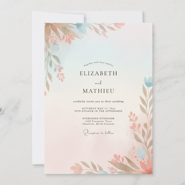 Peach Aqua Foliage Eucalyptus Wedding Invitation (Front)