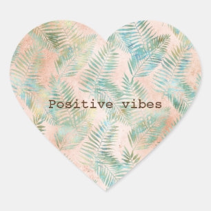 Peach Aqua Green Tropical Leaves Heart Sticker