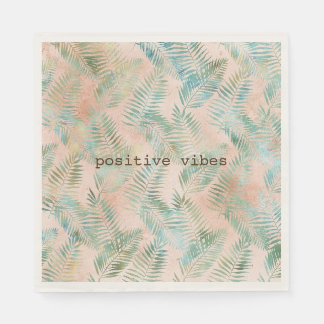 Peach Aqua Green Tropical Leaves Napkin (Front)