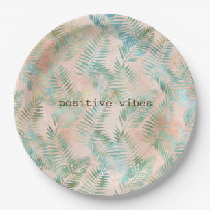 Peach Aqua Green Tropical Leaves Paper Plate