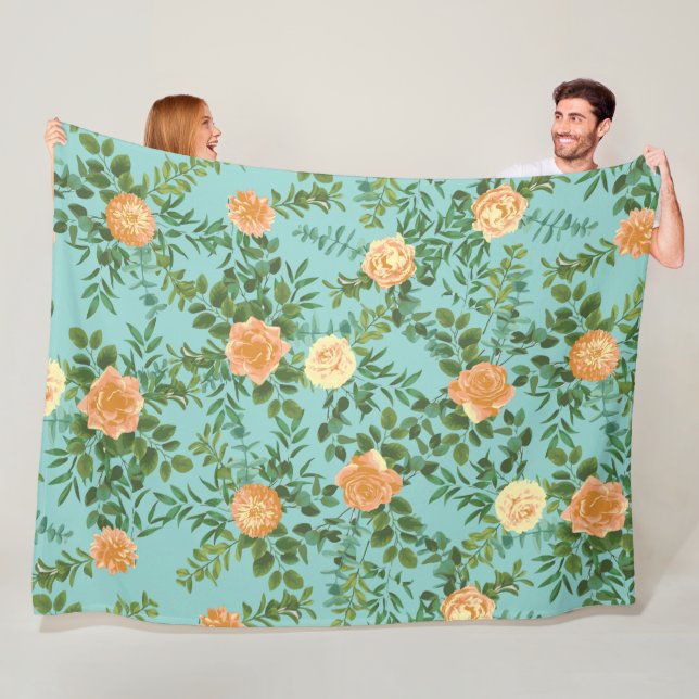 Peach & Aqua Peony & Rose Floral Wedding Fleece Blanket (In Situ)
