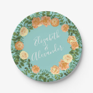 Peach & Aqua Peony & Rose Floral Wedding Paper Plate