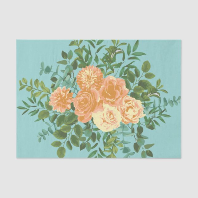 Peach & Aqua Peony & Rose Floral Wedding Tissue Paper (Front)