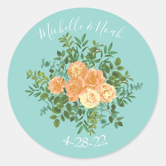 Peach Aqua Teal Wedding Roses Floral Classic Round Sticker (Front)