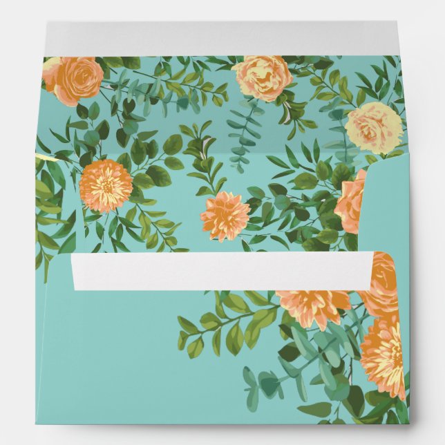 Peach Aqua Teal Wedding Roses Floral Envelope (Back (Bottom))