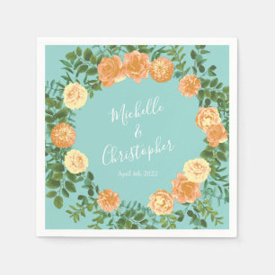Peach Aqua Teal Wedding Roses Floral Napkin