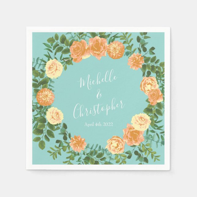 Peach Aqua Teal Wedding Roses Floral Napkin (Front)