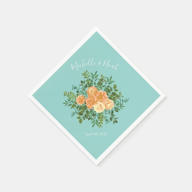 Peach Aqua Teal Wedding Roses Floral Napkin (Corner)