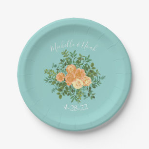 Peach Aqua Teal Wedding Roses Floral Paper Plate