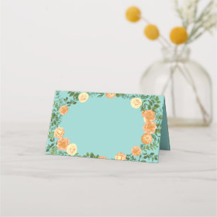 Peach Aqua Teal Wedding Roses Floral Place Card