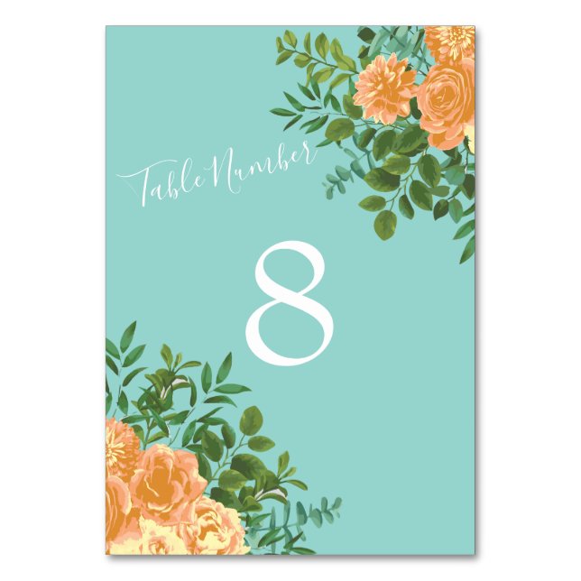 Peach Aqua Teal Wedding Roses Floral Table Number (Back)