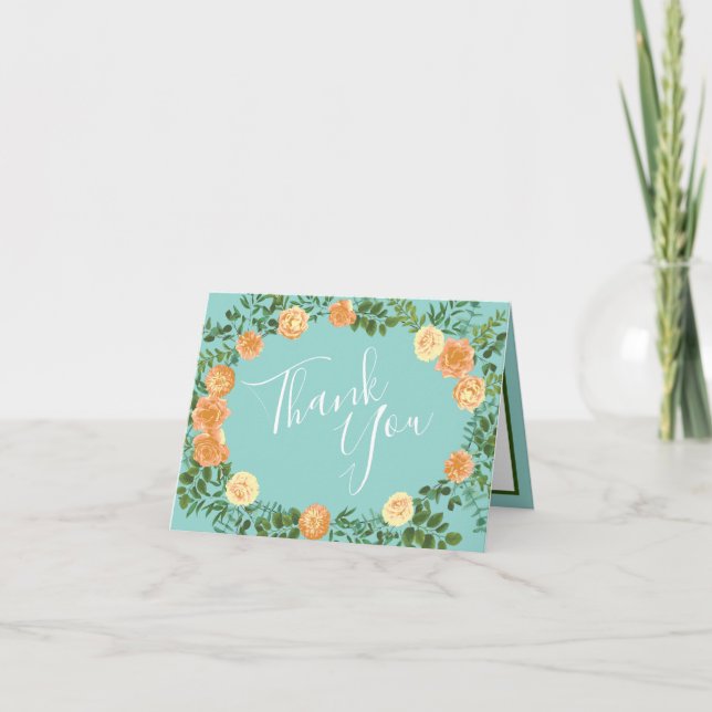 Peach Aqua Teal Wedding Roses Floral Thank You Card (Front)