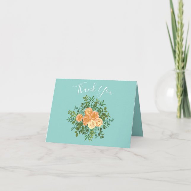 Peach Aqua Teal Wedding Roses Floral Thank You Card (Front)