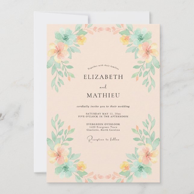 Peach Aqua Wildflower Wedding Invitation (Front)