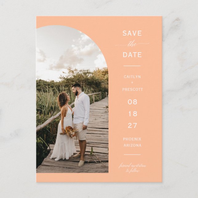 Peach Arch Photo QR Code Save the Date Postcard (Front)