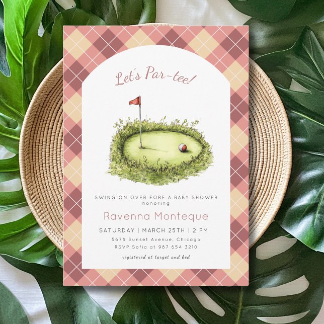 Peach Argyle Golf Hole Lets Par Tee Baby Shower Invitation (Creator Uploaded)