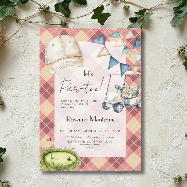 Peach Argyle Golf Scene Lets Par Tee Baby Shower Invitation (Creator Uploaded)