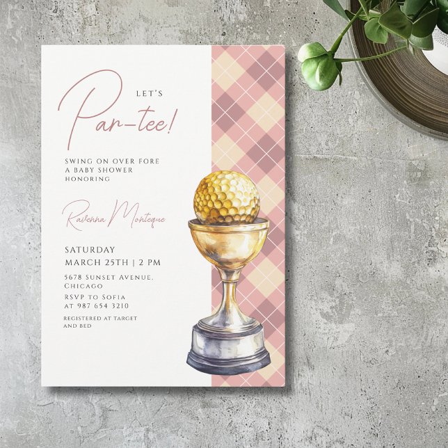 Peach Argyle Golf Trophy Lets Par-Tee Baby Shower Invitation (Creator Uploaded)