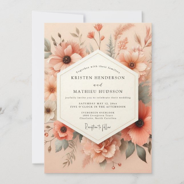 Peach Artful Meadow Wedding Invitation (Front)