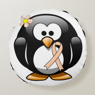 Peach Awareness Ribbon Penguin Round Cushion
