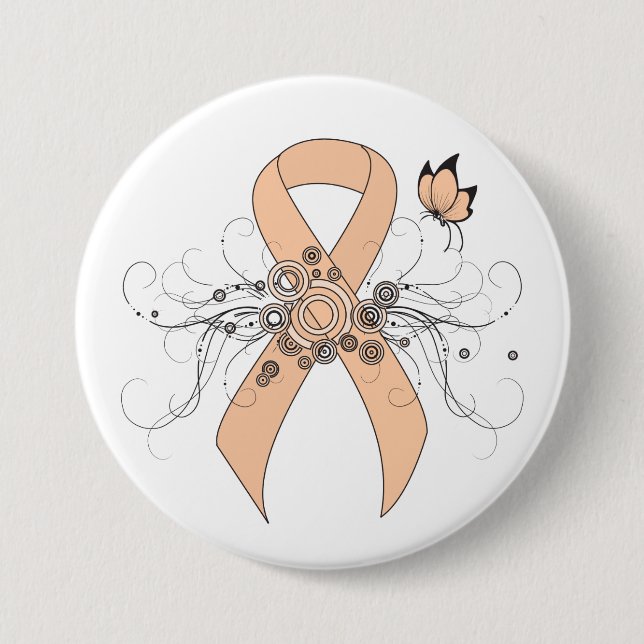 Peach Awareness Ribbon with Butterfly 7.5 Cm Round Badge (Front)