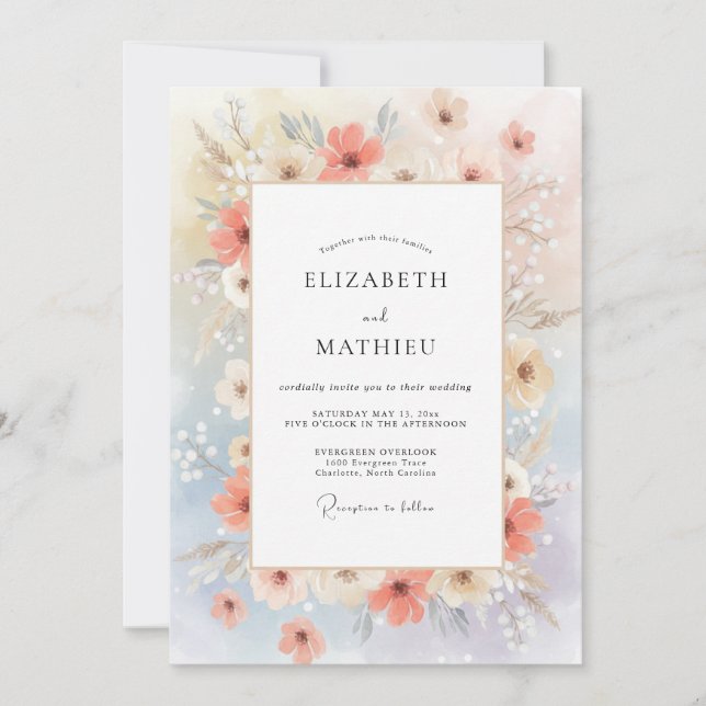 Peach Azure Wildflower Wedding Invitation (Front)