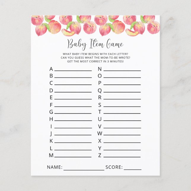 Peach Baby Item Game. Baby Shower Game (Front)