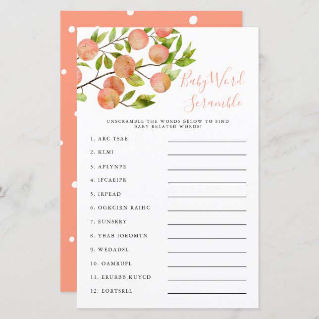 Peach Baby Shower Word Scramble Game (Front/Back)