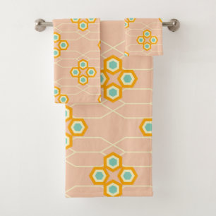 Peach background hexagonal floral pattern  bath towel set