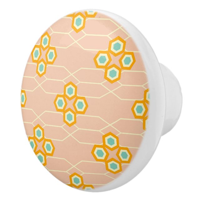 Peach background hexagonal floral pattern  ceramic knob (Right)