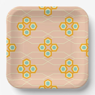 Peach background hexagonal floral pattern paper plate
