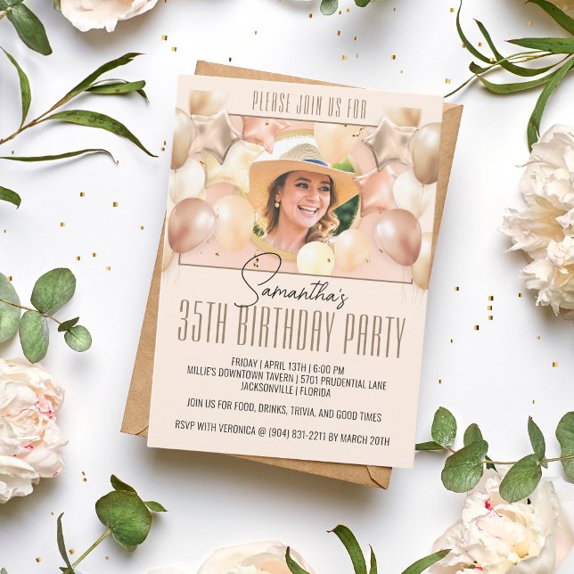 Peach Balloon Birthday Party Photo Invitation (Creator Uploaded)