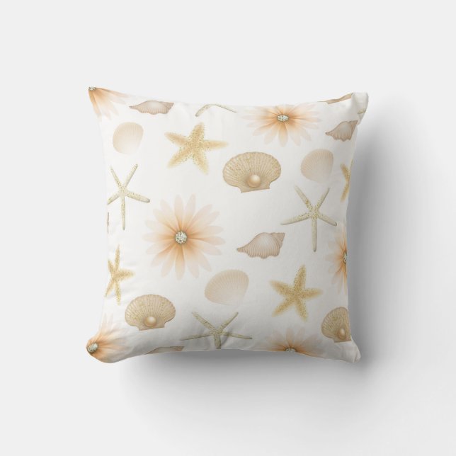 Peach Beach Seashells & Flowers Modern Glam Throw Cushion (Front)
