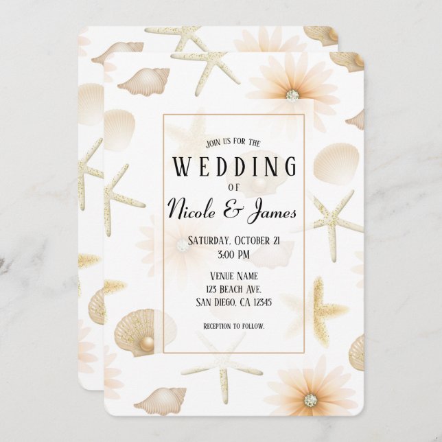 Peach Beach Seashells & Flowers Modern Wedding Invitation (Front/Back)
