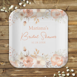 Peach Beige Floral Bridal Shower Paper Plate