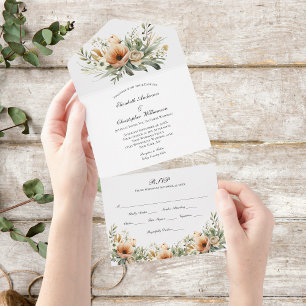 Peach Beige Floral Wedding All In One Invitation
